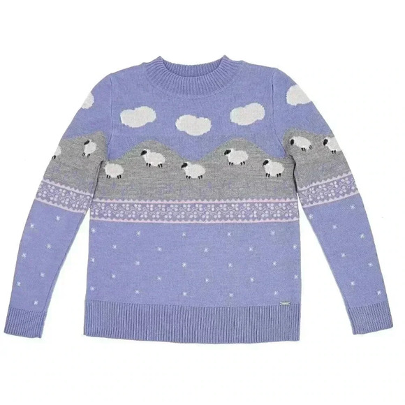 Vintage Counting Sheep Purple Knitted Sweater Small Long Sleeve Crew Neck Top - Picture 1 of 5